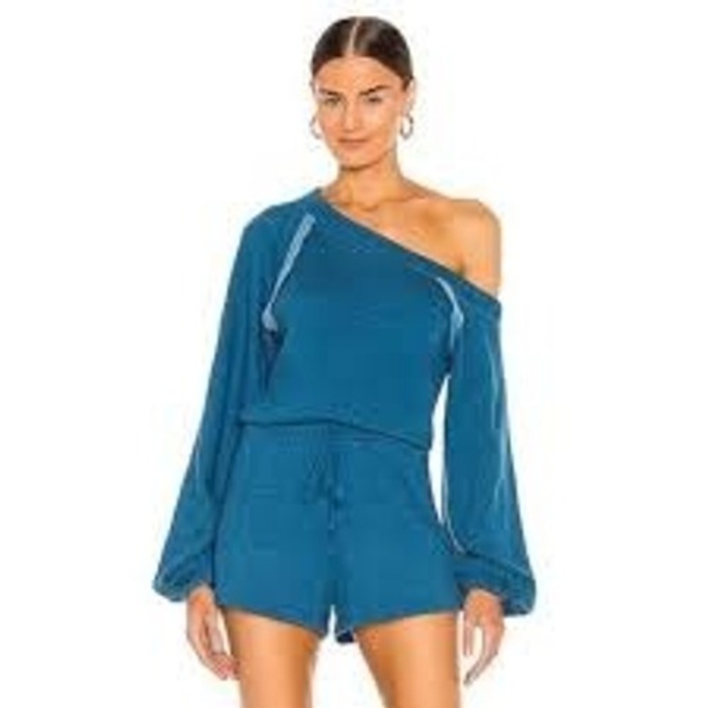 Lovers and Friends Womens Romper L Blue One Shoulder Fleece Drawstring Waist